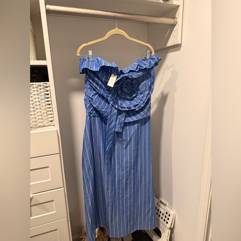 Blue Stripe Off Shoulder Rosette Midi Dress NWT Size Large